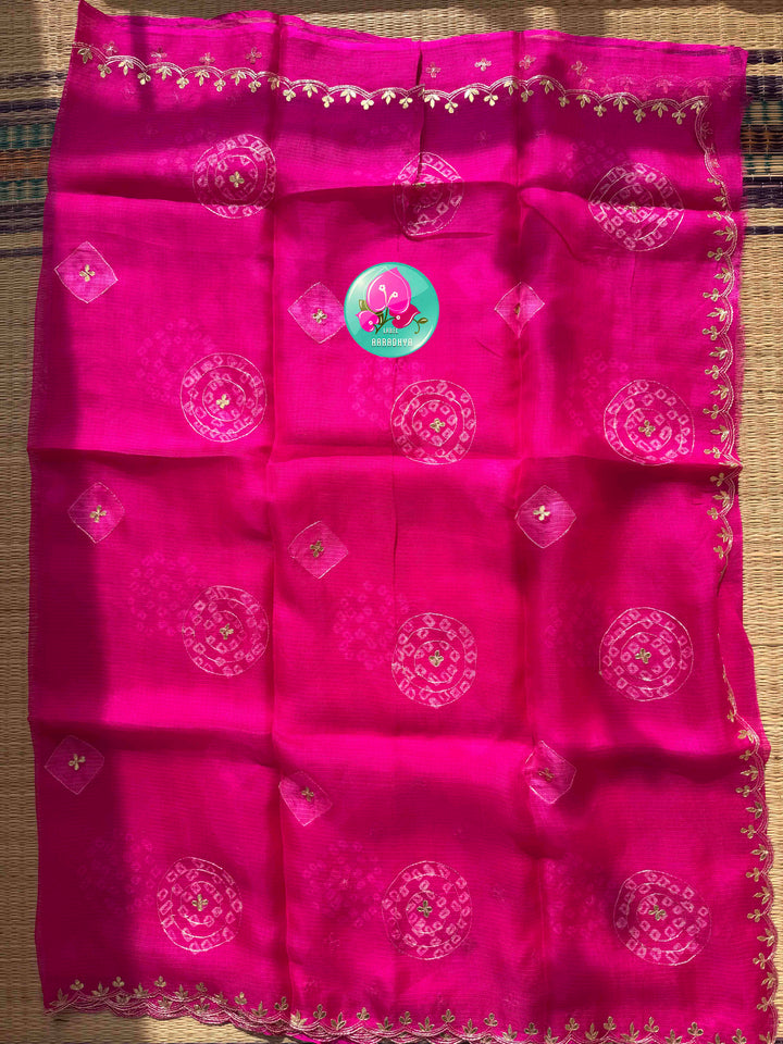 Vibrant Rajasthani Splendor: Bright Pink Bandhani Kota Silk & Emerald Tissue Mirror Blouse