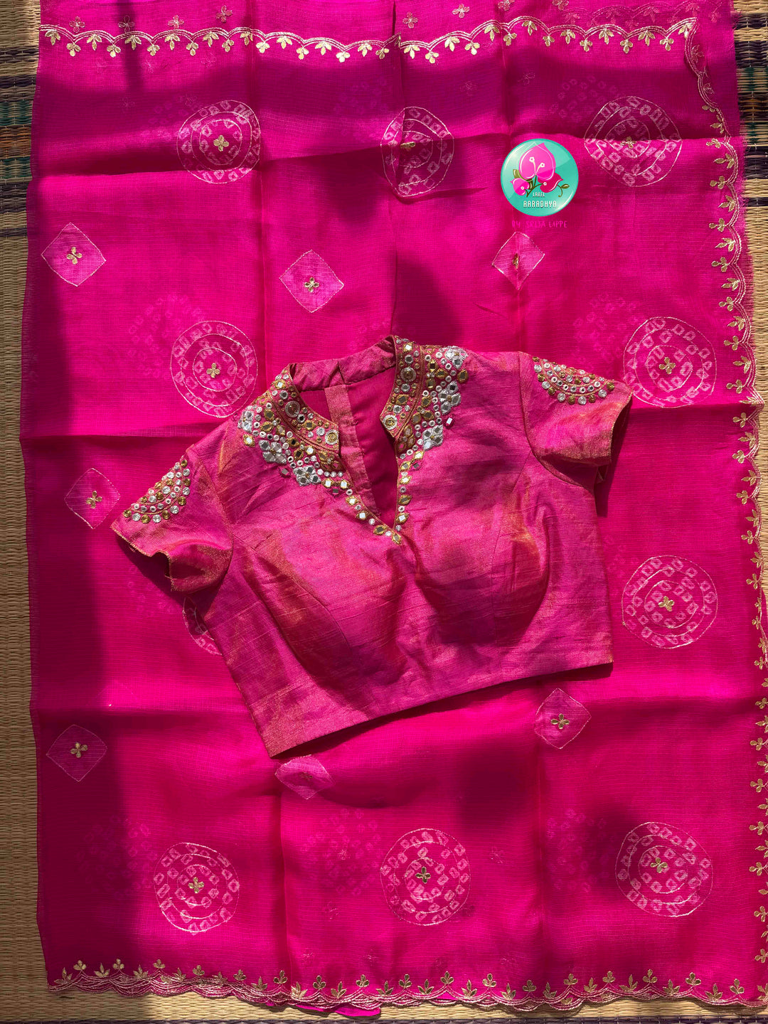 Festive Monochromatic Shimmer: Bright Pink Bandhani Kota Silk & Pink Tissue Mirror Blouse