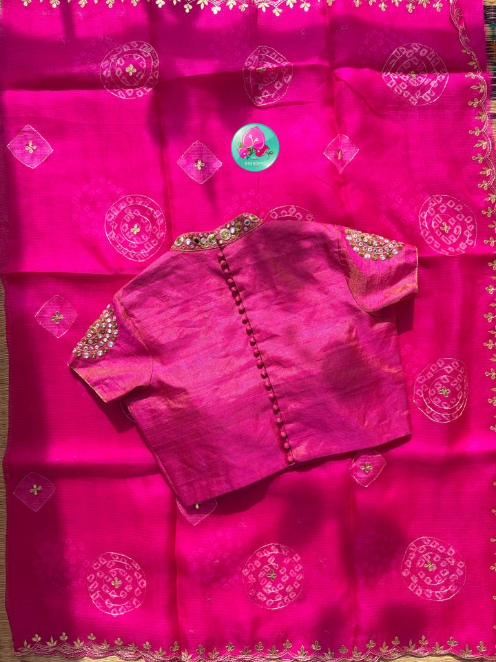 Festive Monochromatic Shimmer: Bright Pink Bandhani Kota Silk & Pink Tissue Mirror Blouse