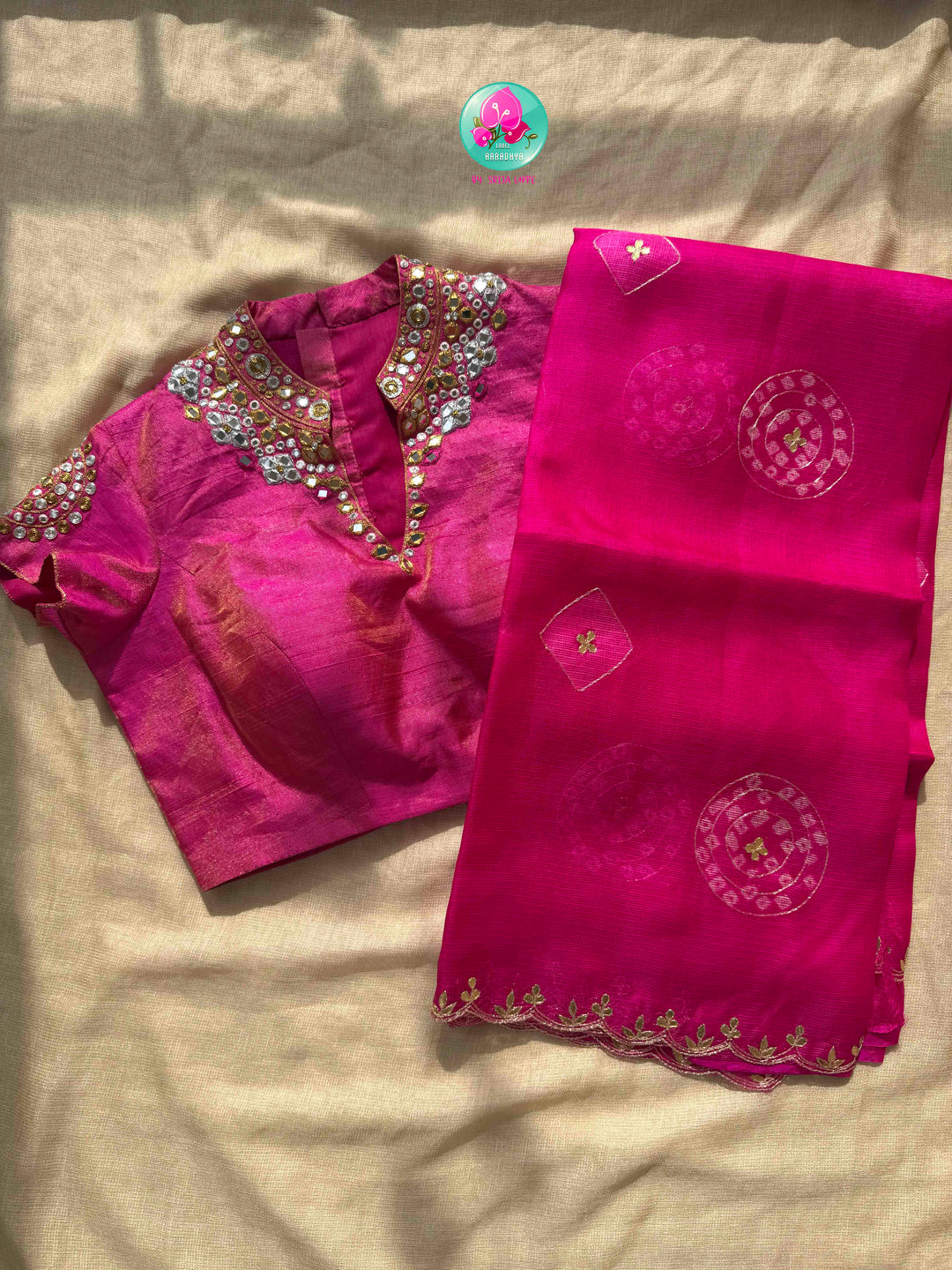 Festive Monochromatic Shimmer: Bright Pink Bandhani Kota Silk & Pink Tissue Mirror Blouse