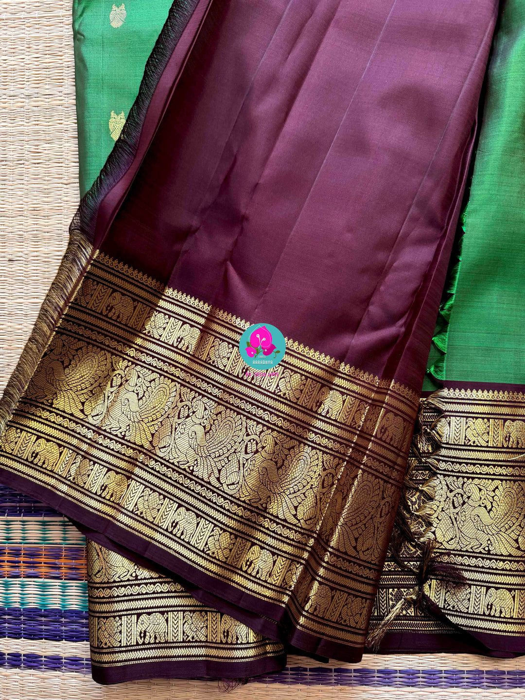 Traditional big border Kanchipattu handloom saree in Green and brown