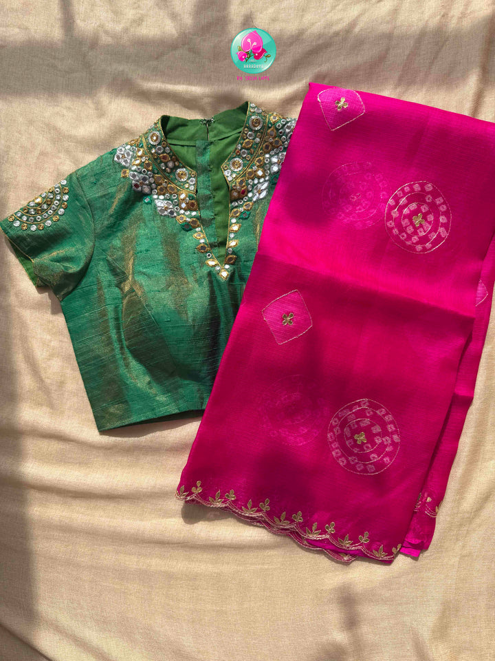 Vibrant Rajasthani Splendor: Bright Pink Bandhani Kota Silk & Emerald Tissue Mirror Blouse