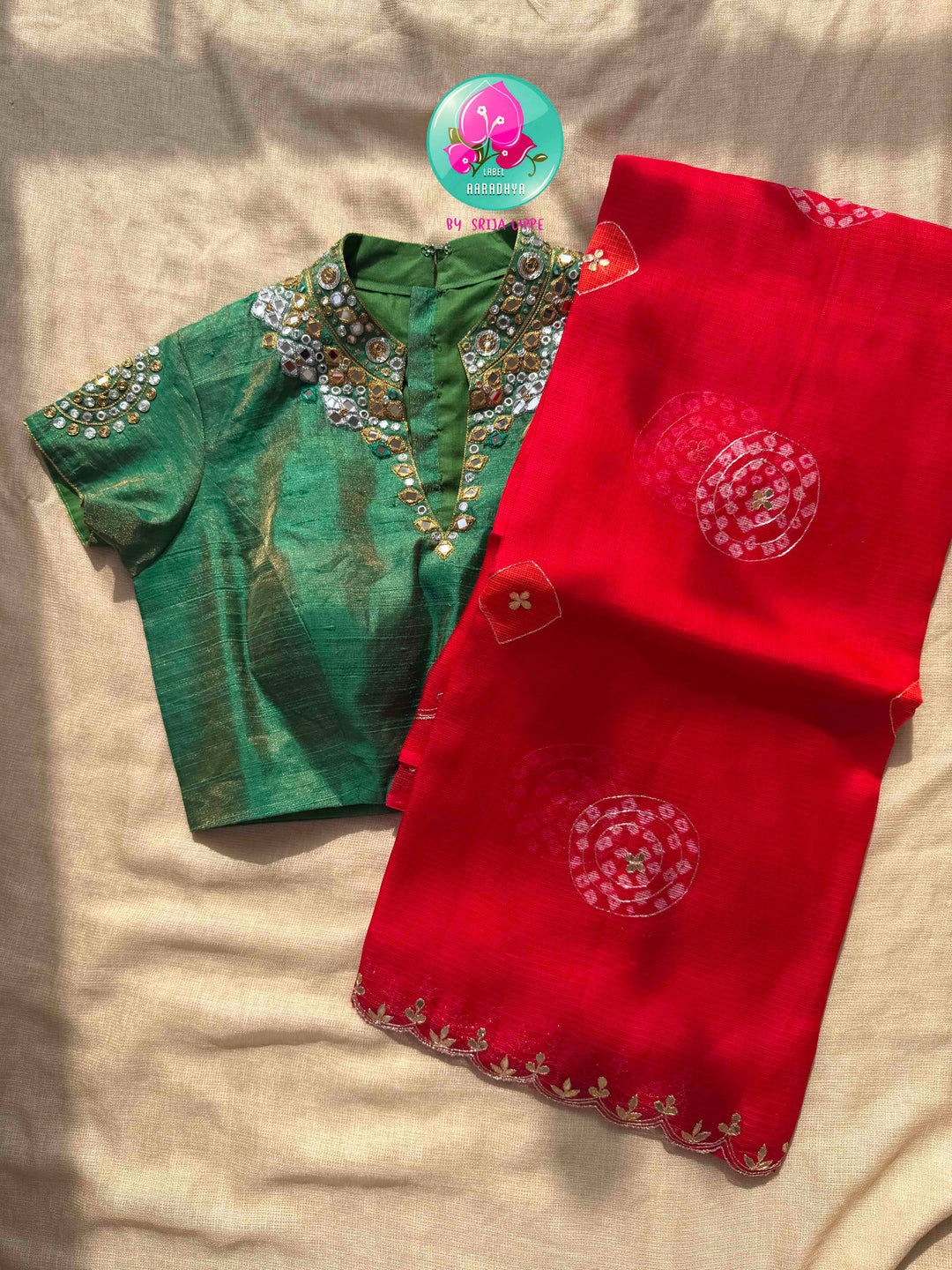 Auspicious Crimson Splendor: Bright Red Bandhani Kota Silk & Emerald Tissue Mirror Blouse