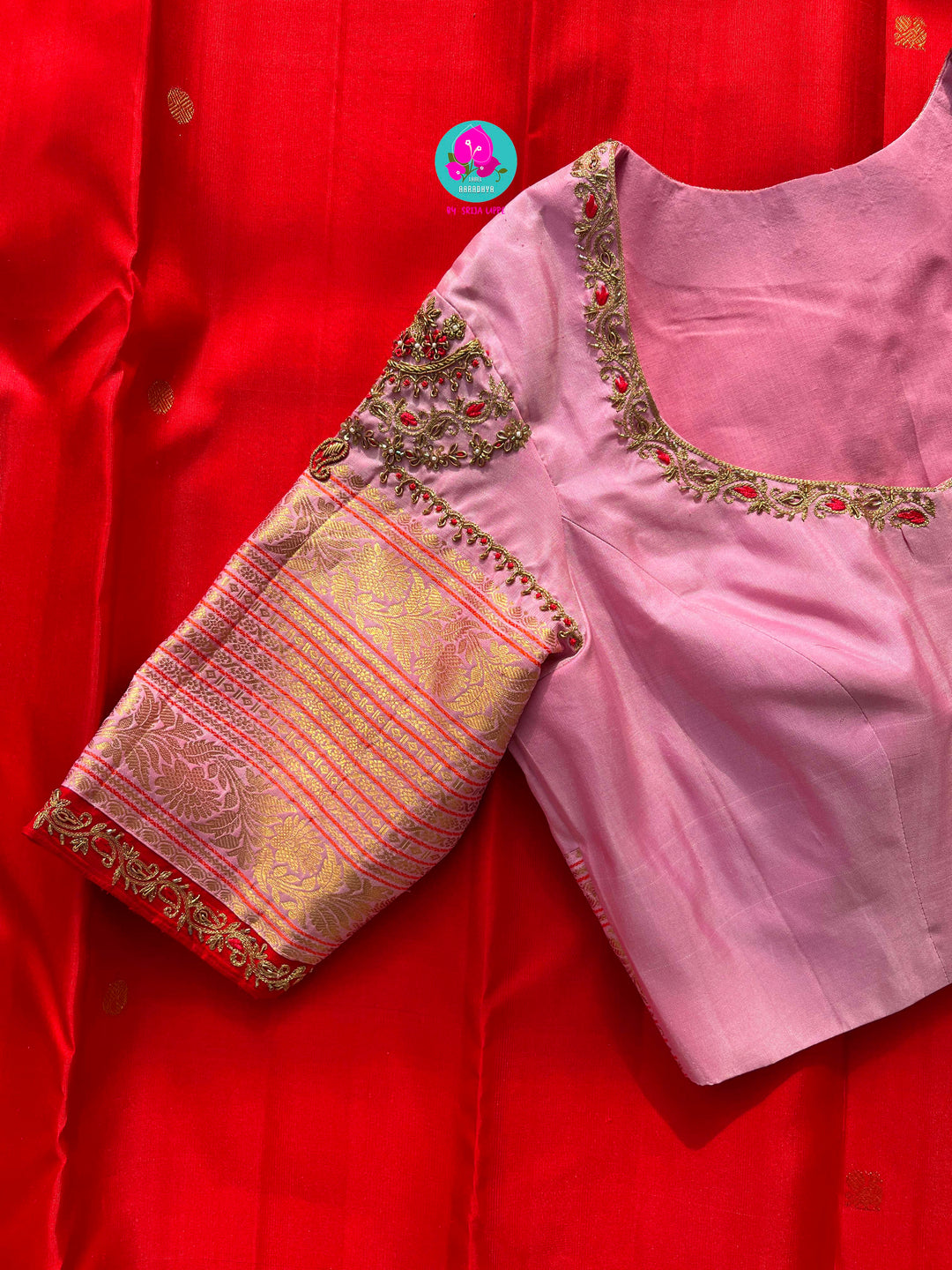 Pure 2 Grm Gold Kanchi Silk Saree with Hand Embroidered Pure Silk Blouse