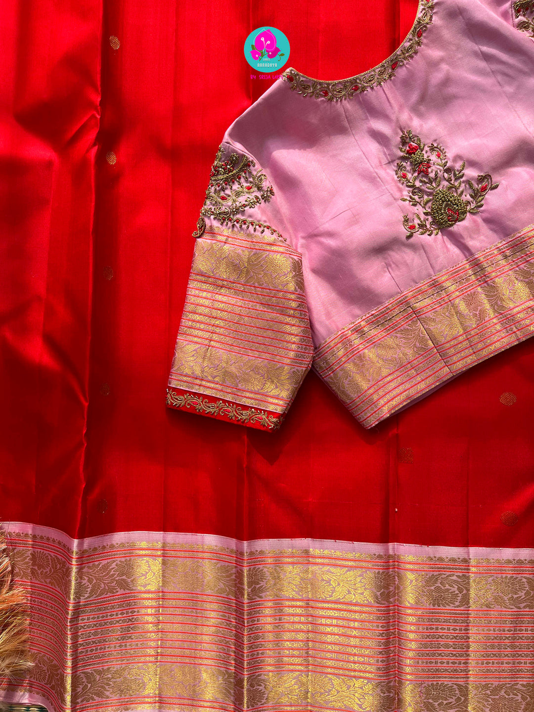 Pure 2 Grm Gold Kanchi Silk Saree with Hand Embroidered Pure Silk Blouse