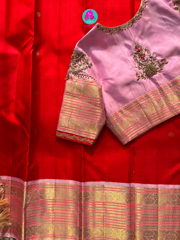 Pure 2 Grm Gold Kanchi Silk Saree with Hand Embroidered Pure Silk Blouse