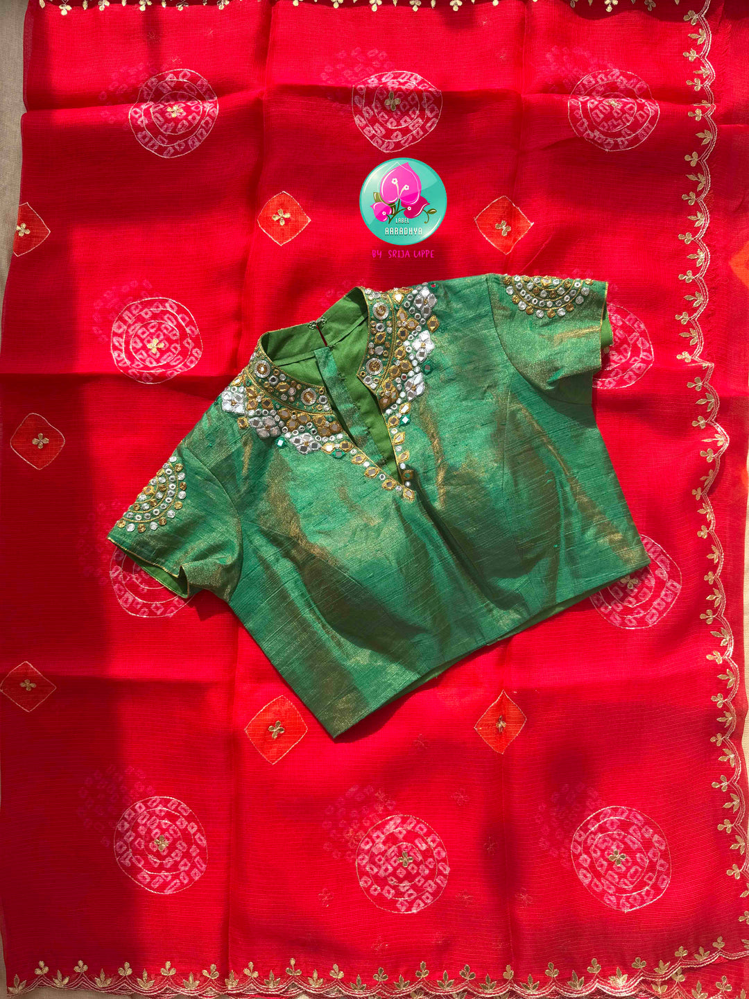 Auspicious Crimson Splendor: Bright Red Bandhani Kota Silk & Emerald Tissue Mirror Blouse