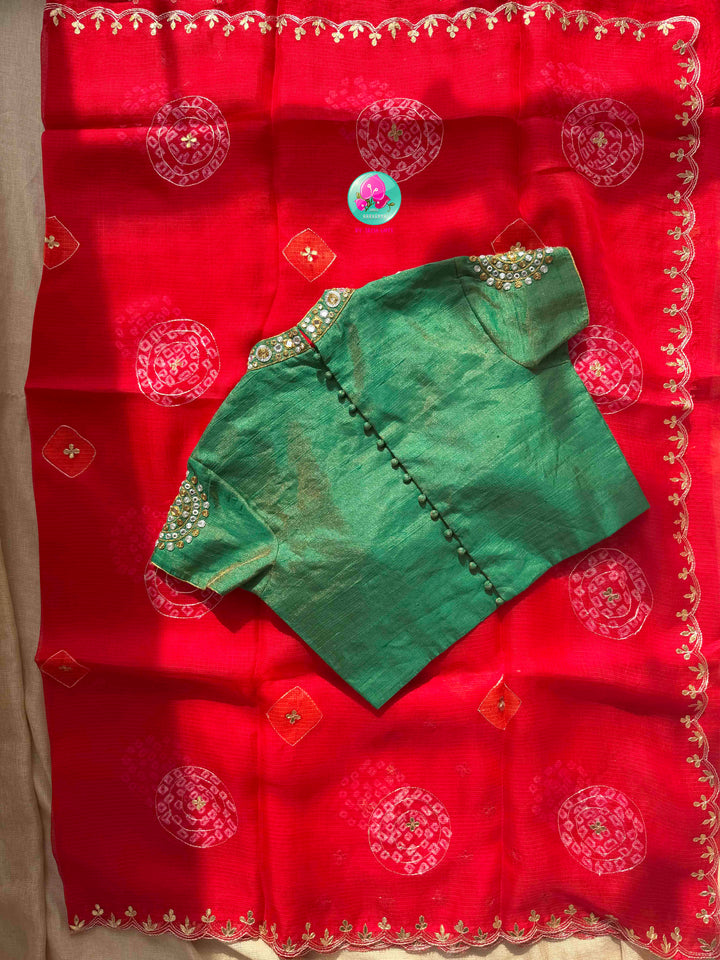 Auspicious Crimson Splendor: Bright Red Bandhani Kota Silk & Emerald Tissue Mirror Blouse