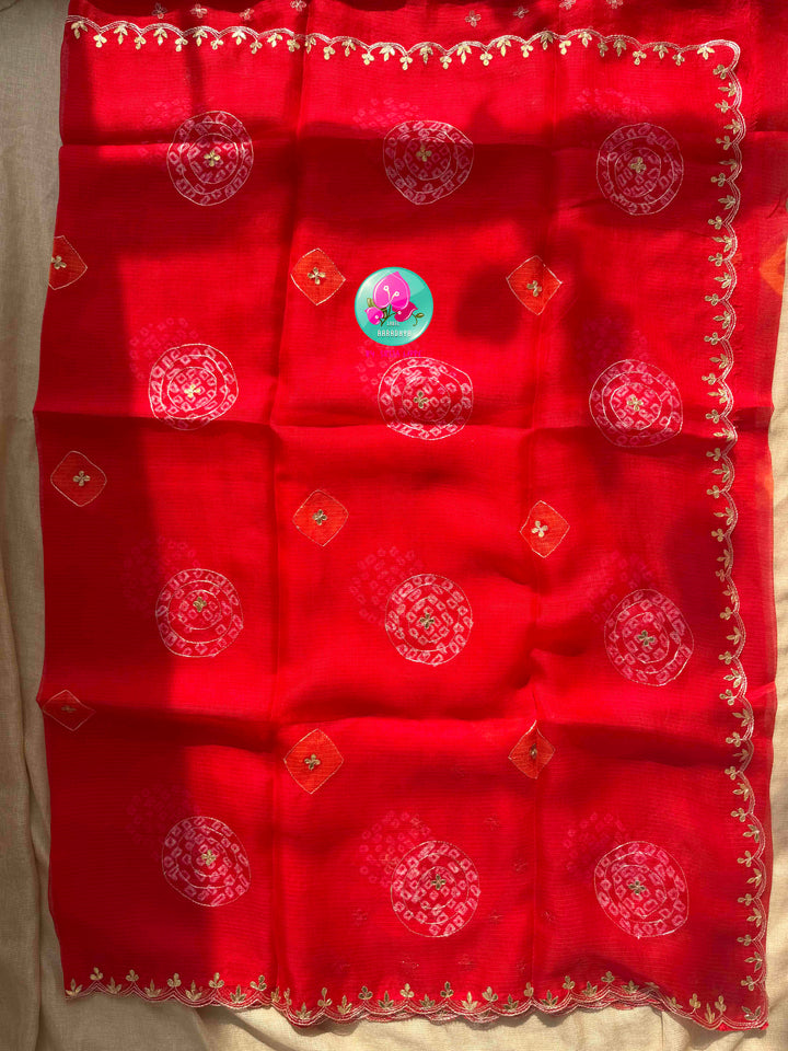 Auspicious Crimson Splendor: Bright Red Bandhani Kota Silk & Emerald Tissue Mirror Blouse