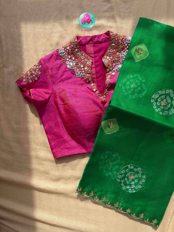 Verdant Harmony: Pure Bright Green Bandhani Kota Silk & Pink Tissue Mirror Blouse