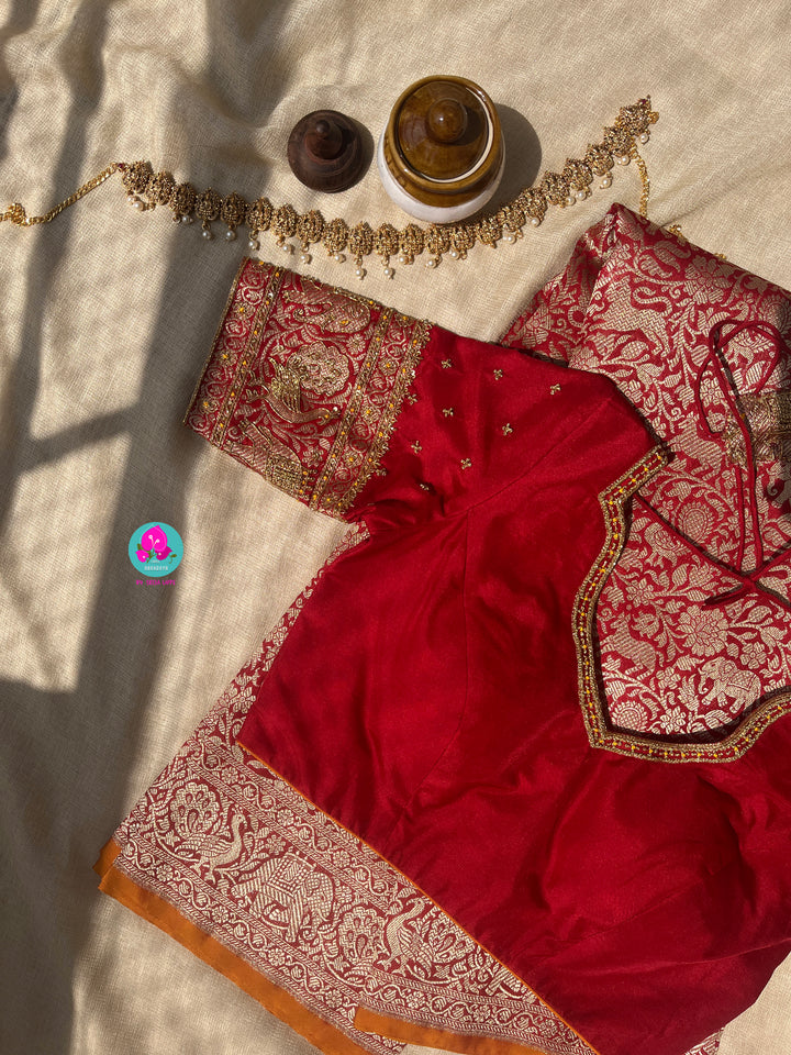 Banarasi Silk Saree with Vintage Shikarga Design with hand embroidered blouse