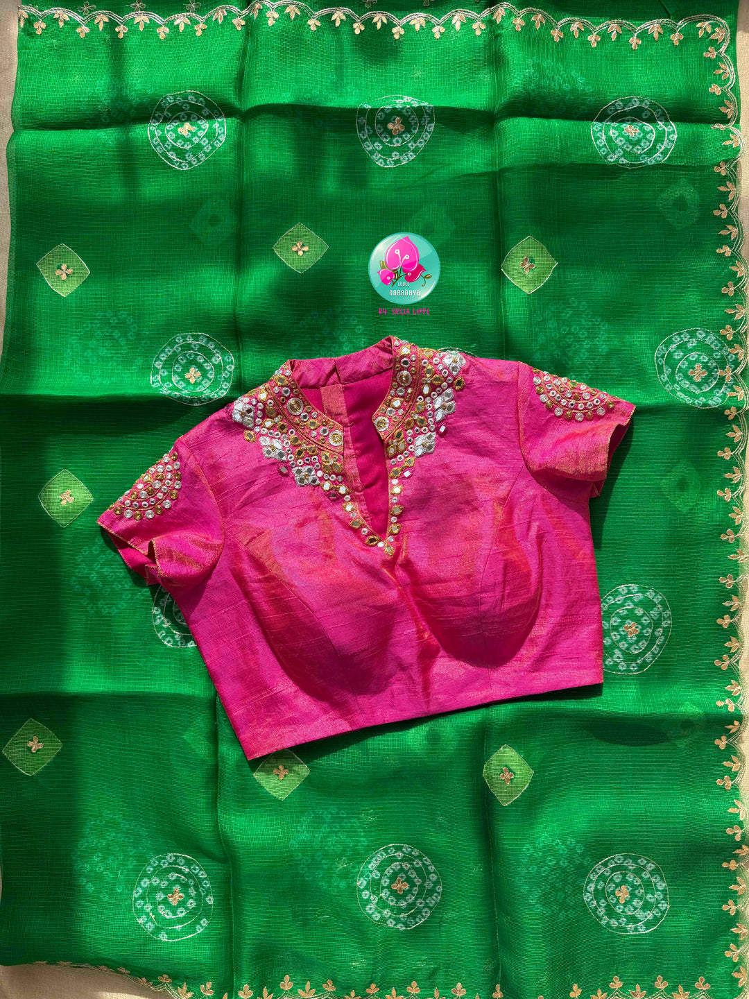 Verdant Harmony: Pure Bright Green Bandhani Kota Silk & Pink Tissue Mirror Blouse