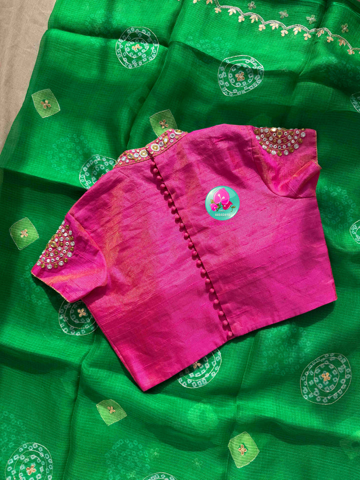 Verdant Harmony: Pure Bright Green Bandhani Kota Silk & Pink Tissue Mirror Blouse
