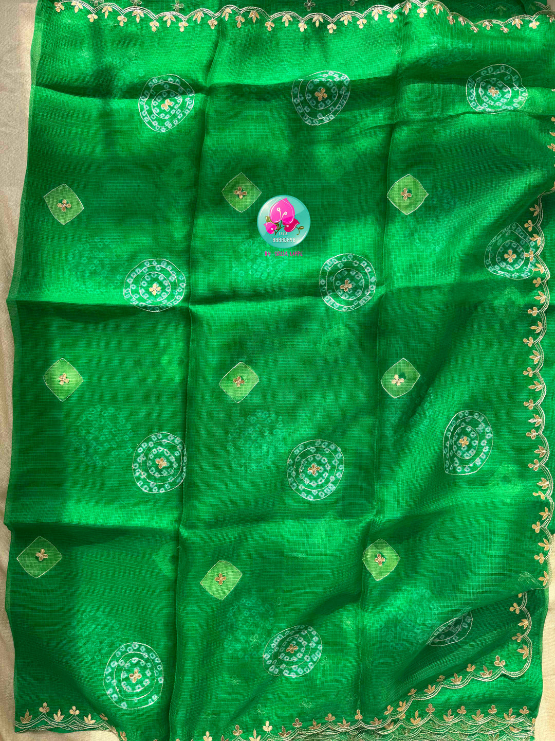 Verdant Harmony: Pure Bright Green Bandhani Kota Silk & Pink Tissue Mirror Blouse