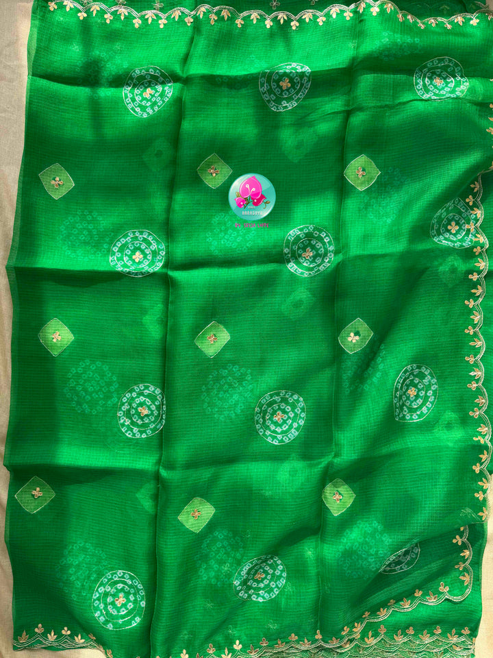 Verdant Harmony: Pure Bright Green Bandhani Kota Silk & Pink Tissue Mirror Blouse