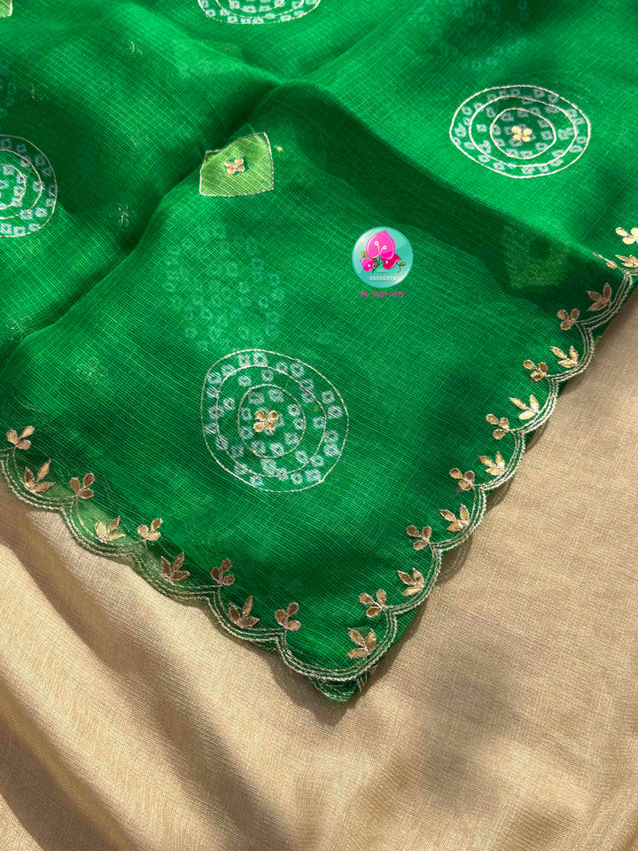 Verdant Harmony: Pure Bright Green Bandhani Kota Silk & Pink Tissue Mirror Blouse