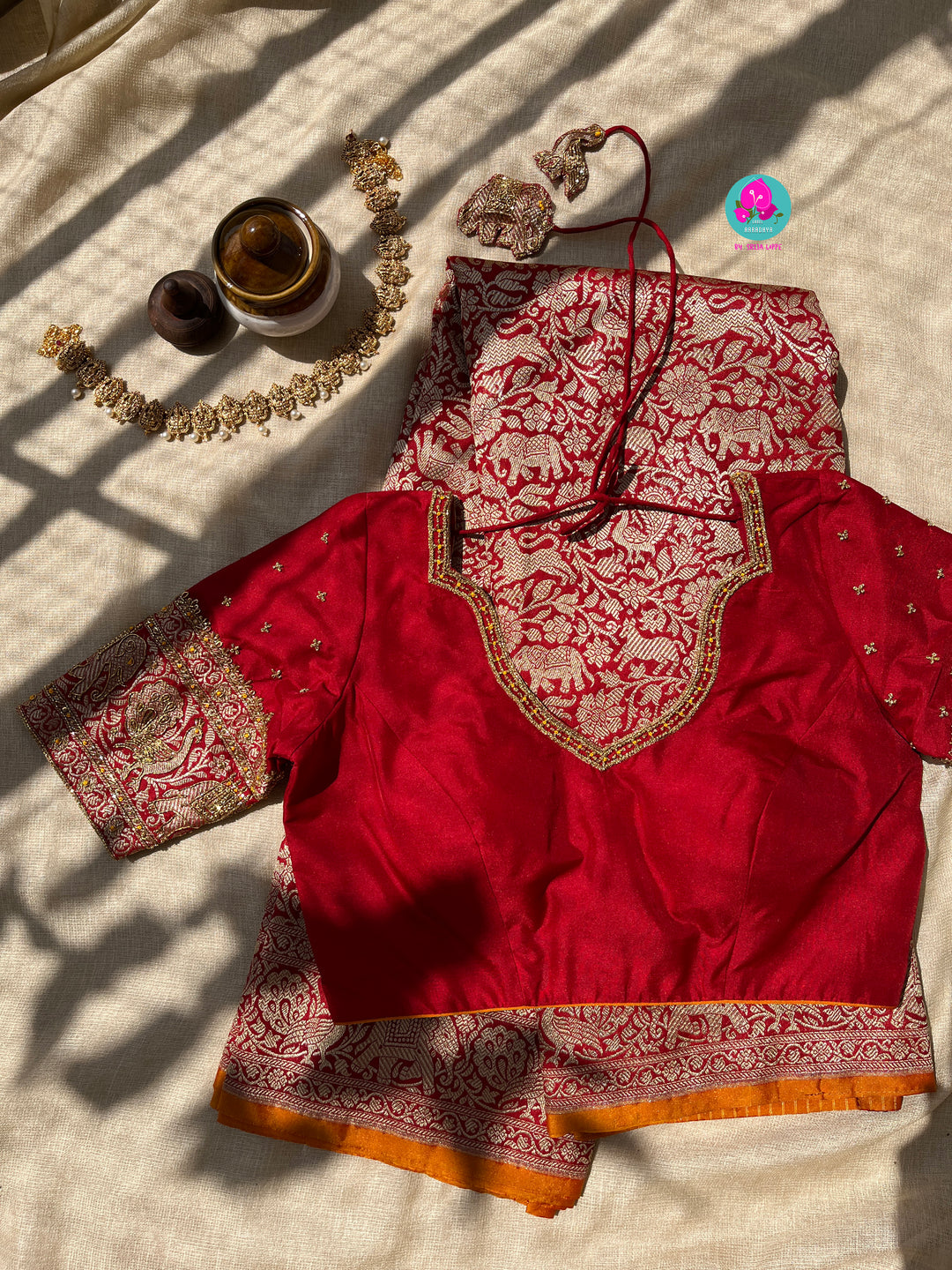 Banarasi Silk Saree with Vintage Shikarga Design with hand embroidered blouse