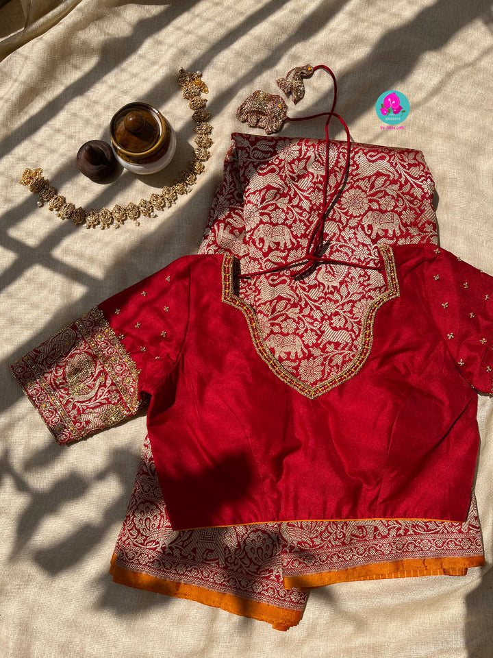 Banarasi Silk Saree with Vintage Shikarga Design with hand embroidered blouse