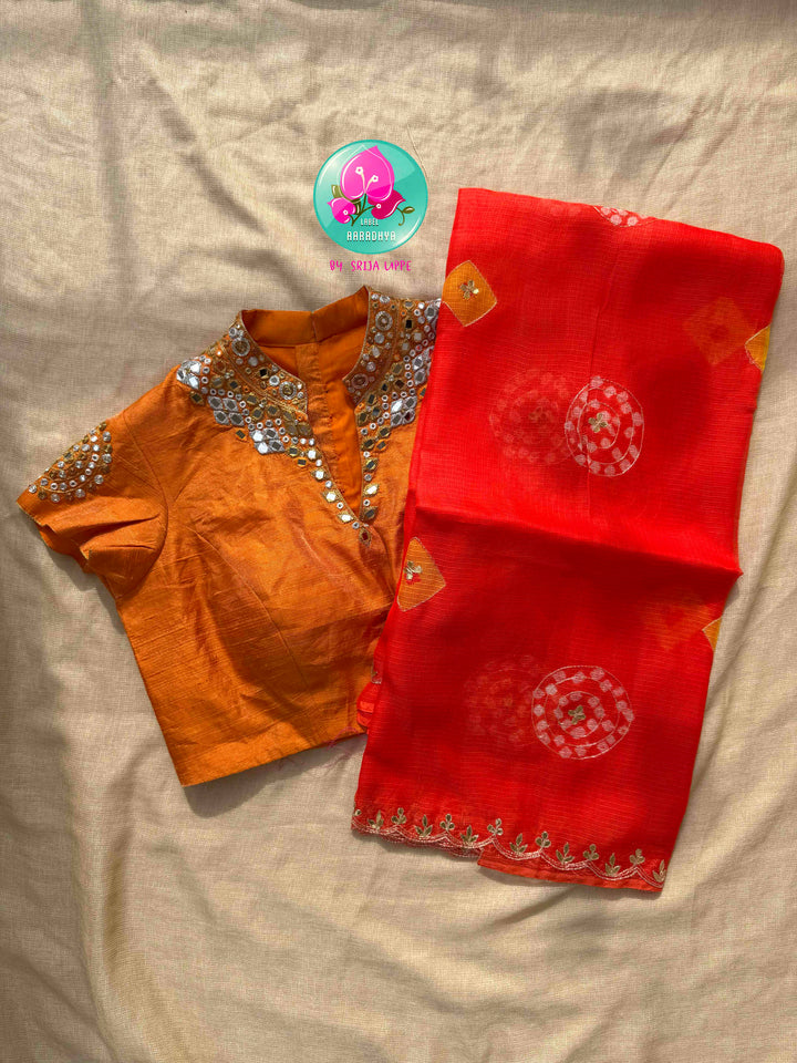 Solar Radiance: Bright Orange Bandhani Kota Silk & Tissue Mirror Blouse
