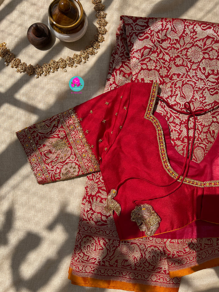 Banarasi Silk Saree with Vintage Shikarga Design with hand embroidered blouse