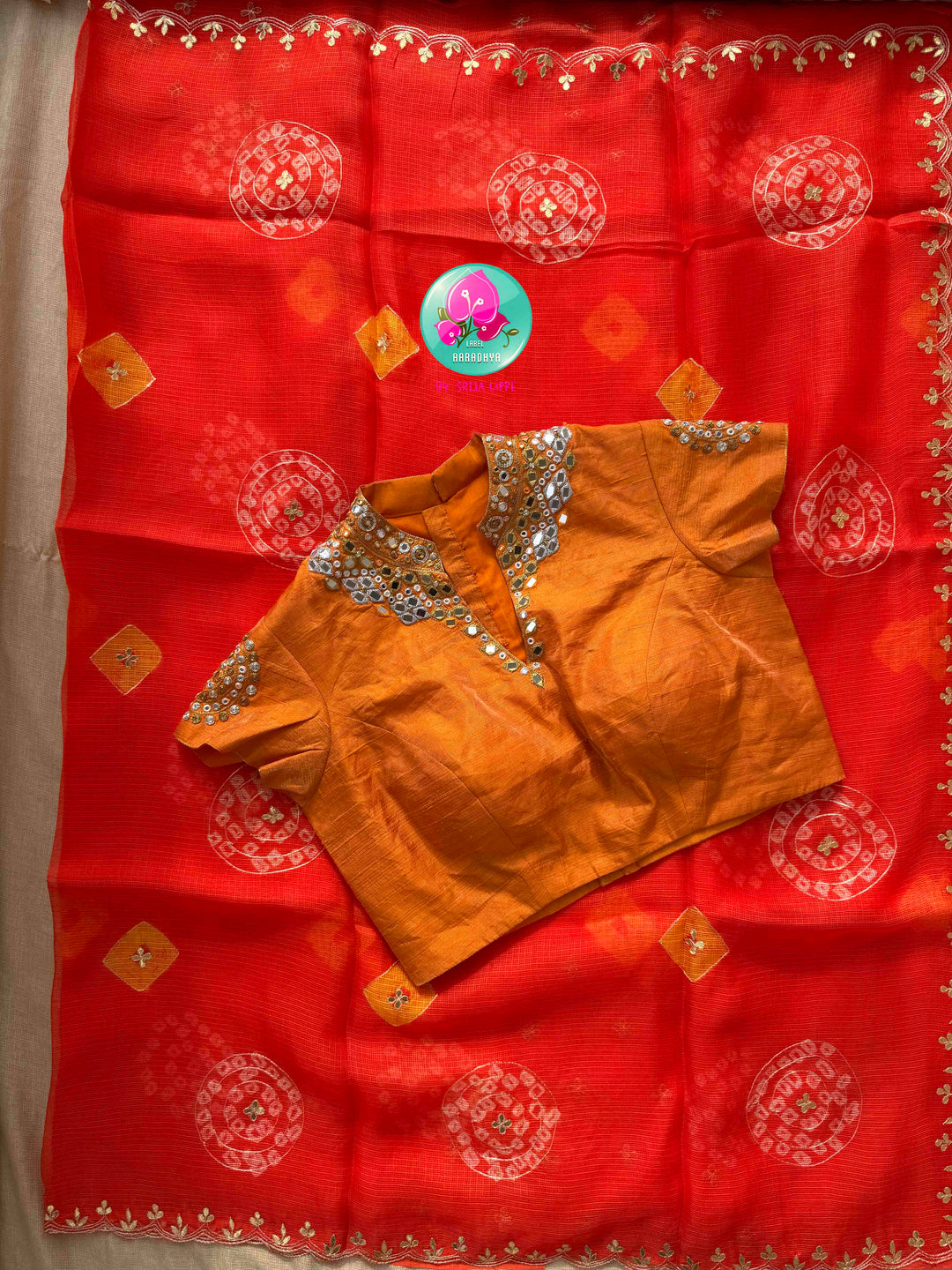 Solar Radiance: Bright Orange Bandhani Kota Silk & Tissue Mirror Blouse