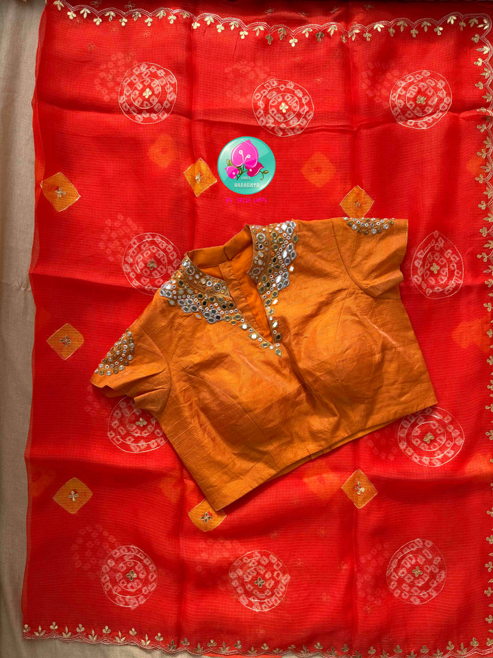 Solar Radiance: Bright Orange Bandhani Kota Silk & Tissue Mirror Blouse