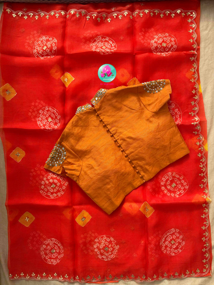 Solar Radiance: Bright Orange Bandhani Kota Silk & Tissue Mirror Blouse