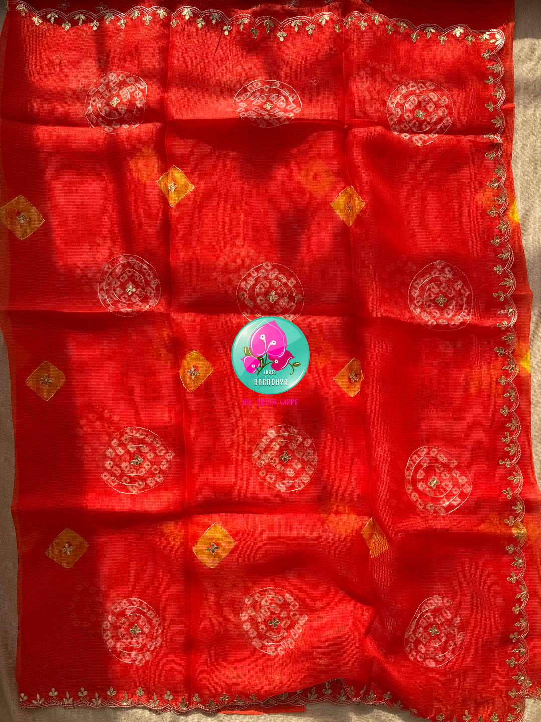 Solar Radiance: Bright Orange Bandhani Kota Silk & Tissue Mirror Blouse