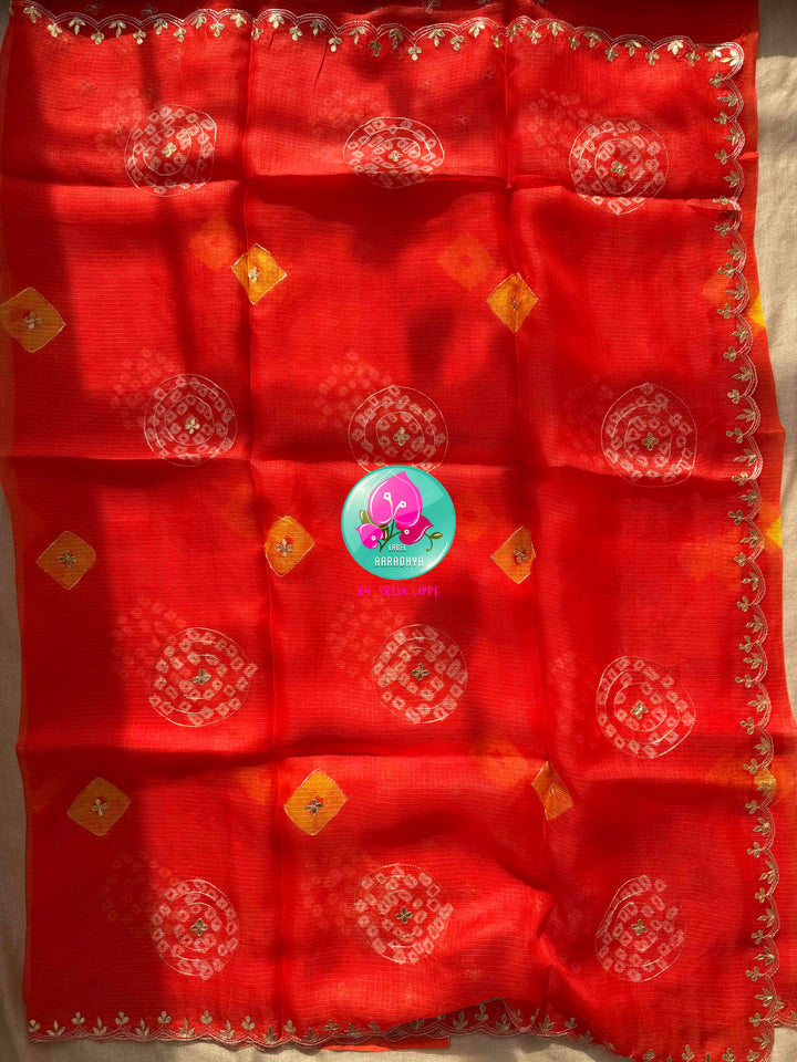 Solar Radiance: Bright Orange Bandhani Kota Silk & Tissue Mirror Blouse