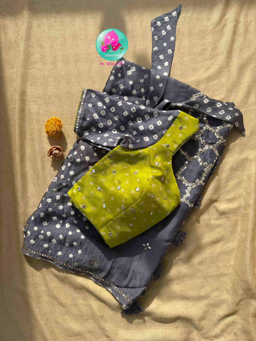Modern Artisanal Glamour: Charcoal Grey Pure Modal Silk Bandhani Saree & Lime Green Mirror Blouse