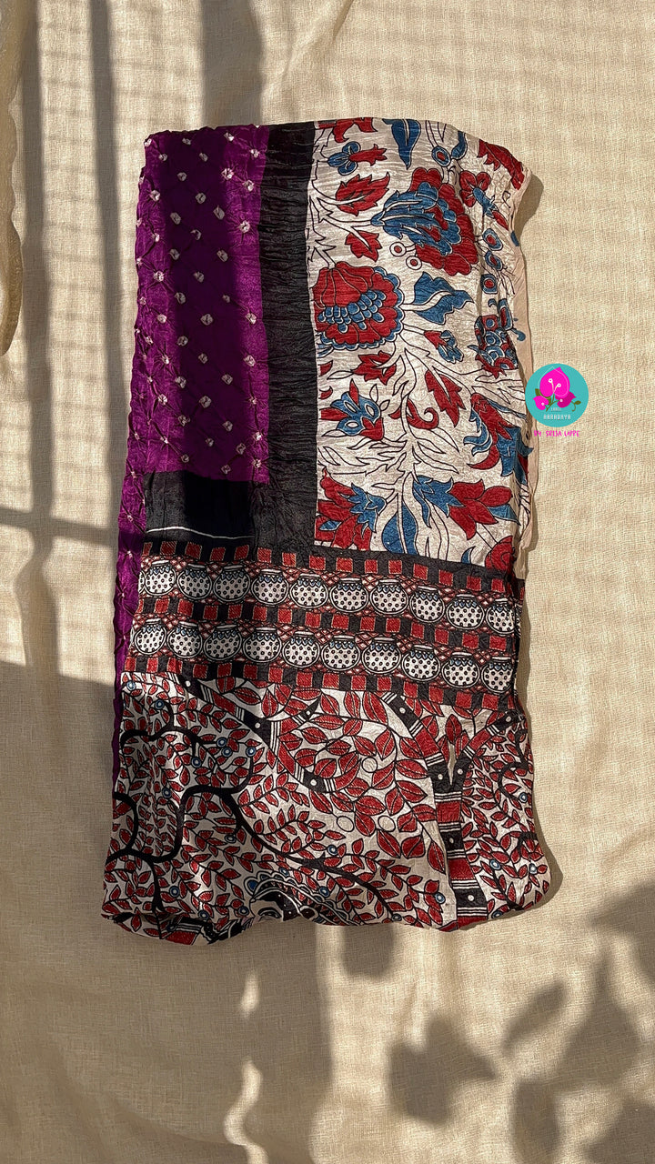 Hand made Bandhani design on pure modal silk fabric,and Kalamkari block print (using vegetable dyes)