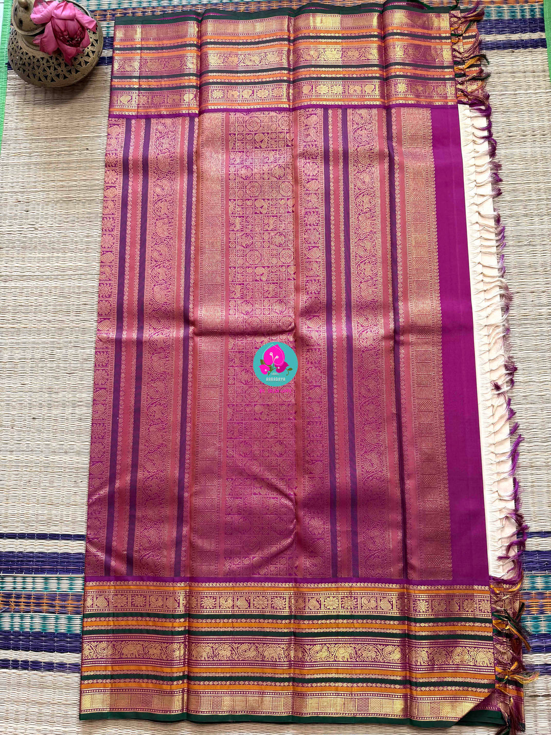 Jewel Tones: Offwhite Kanjivaram Saree with mix of Bright magenta, green & mustard Contrast border