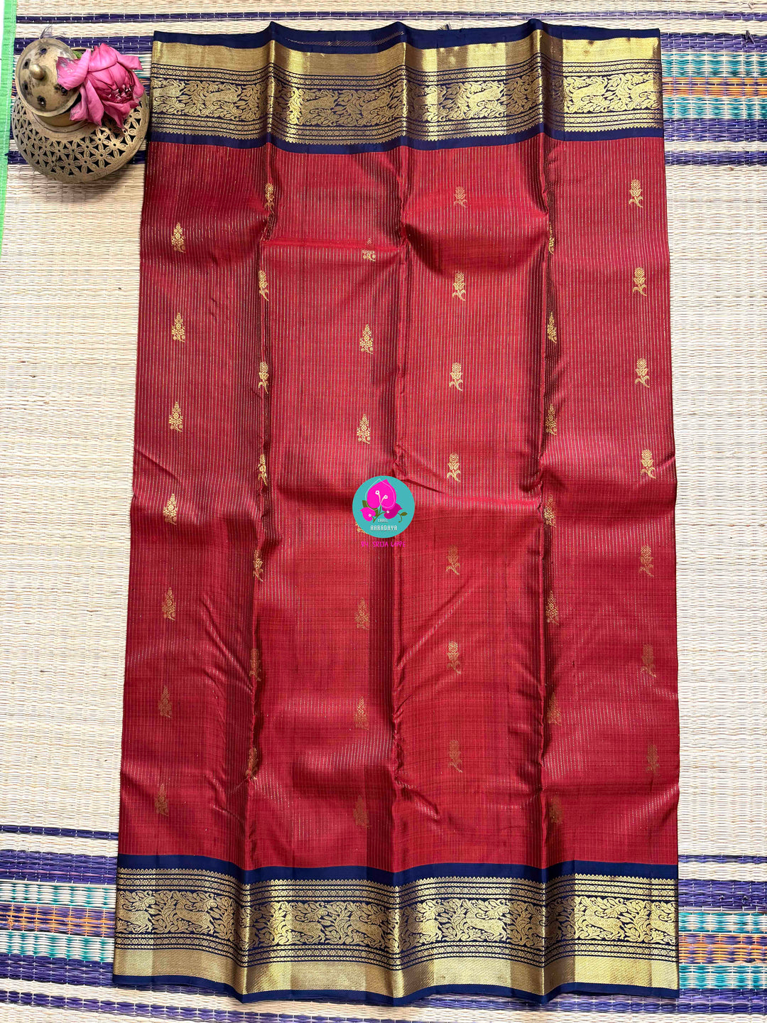 Nostalgia Woven in Silk: Vintage Red Kanjivaram with Navy Blue Contrast