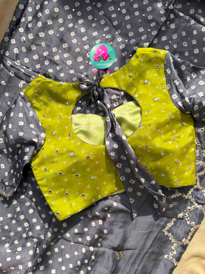 Modern Artisanal Glamour: Charcoal Grey Pure Modal Silk Bandhani Saree & Lime Green Mirror Blouse