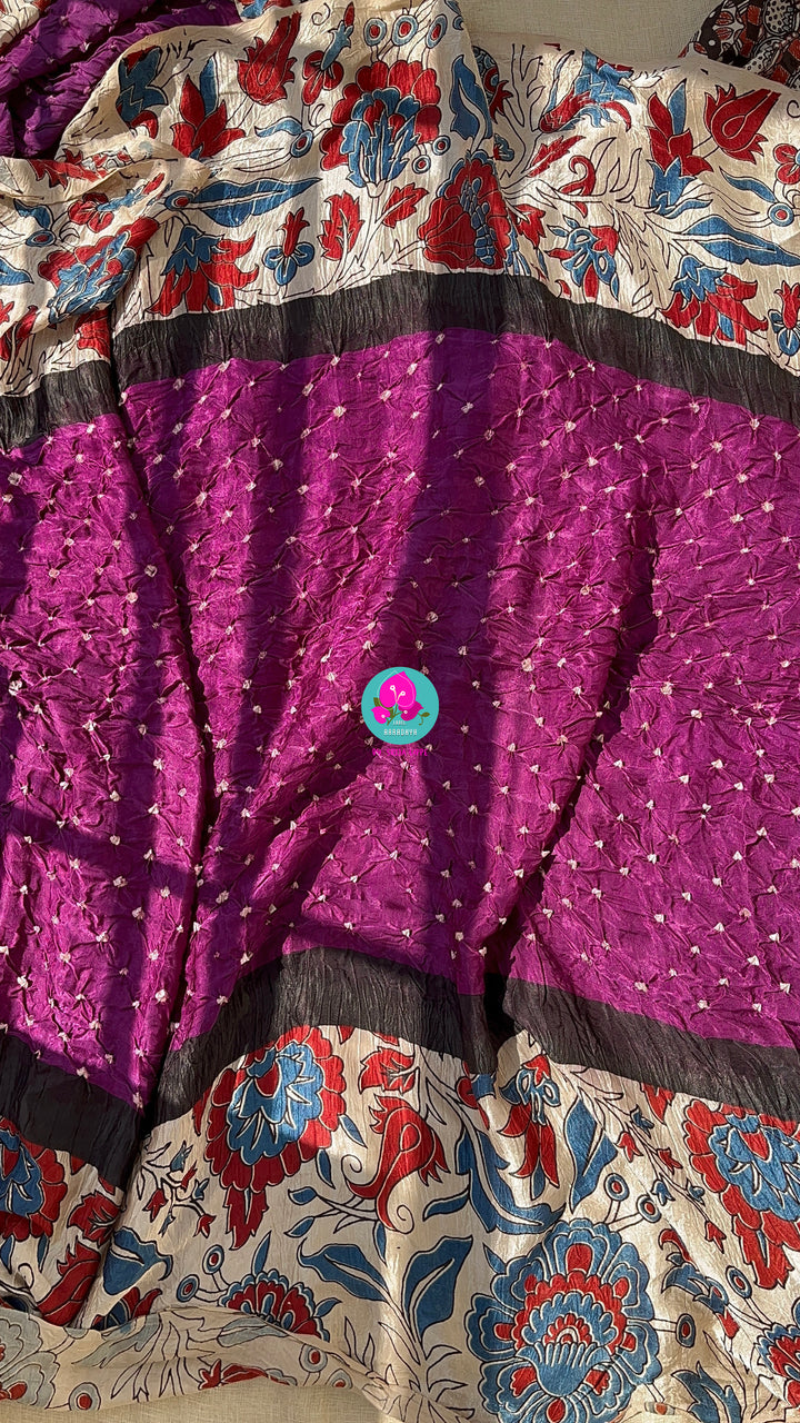 Hand made Bandhani design on pure modal silk fabric,and Kalamkari block print (using vegetable dyes)