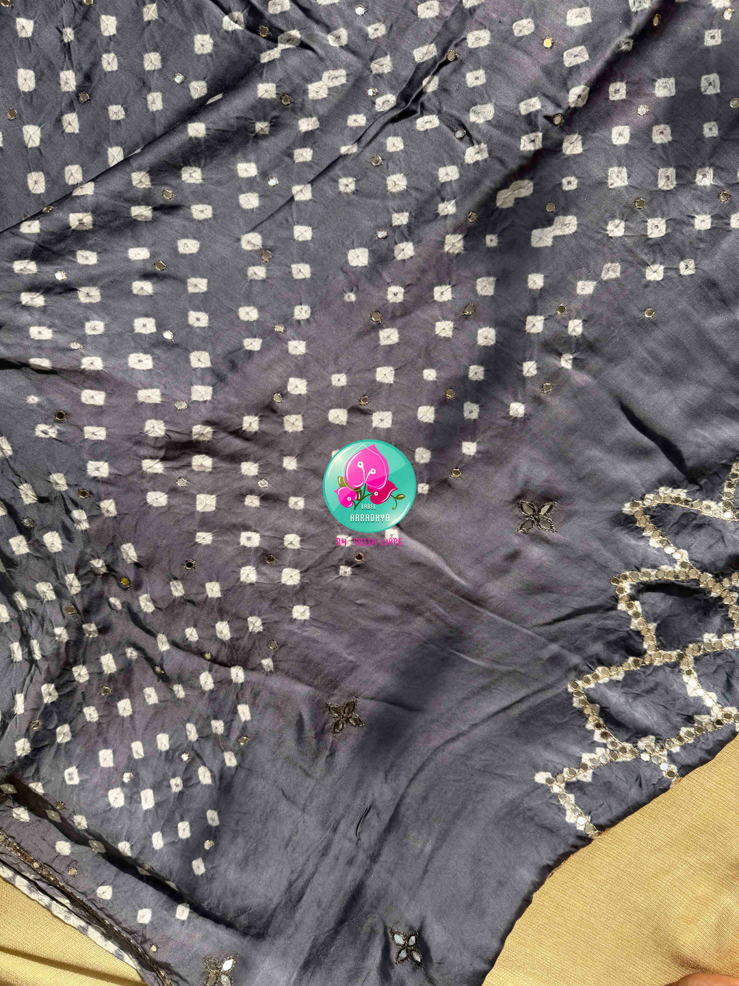Modern Artisanal Glamour: Charcoal Grey Pure Modal Silk Bandhani Saree & Lime Green Mirror Blouse
