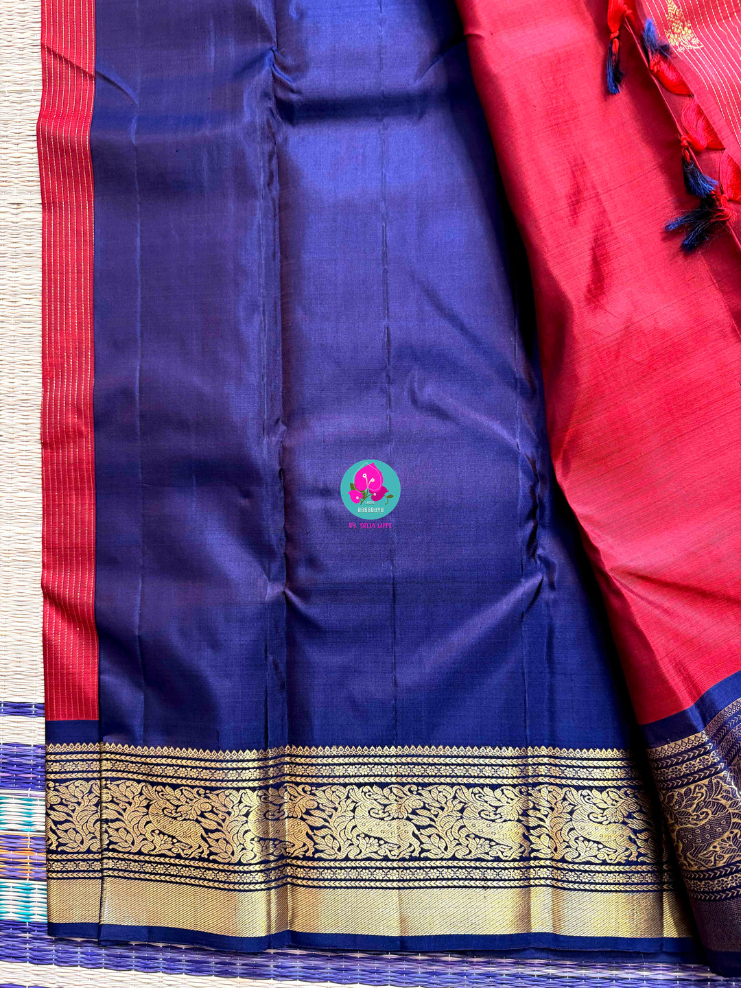 Nostalgia Woven in Silk: Vintage Red Kanjivaram with Navy Blue Contrast