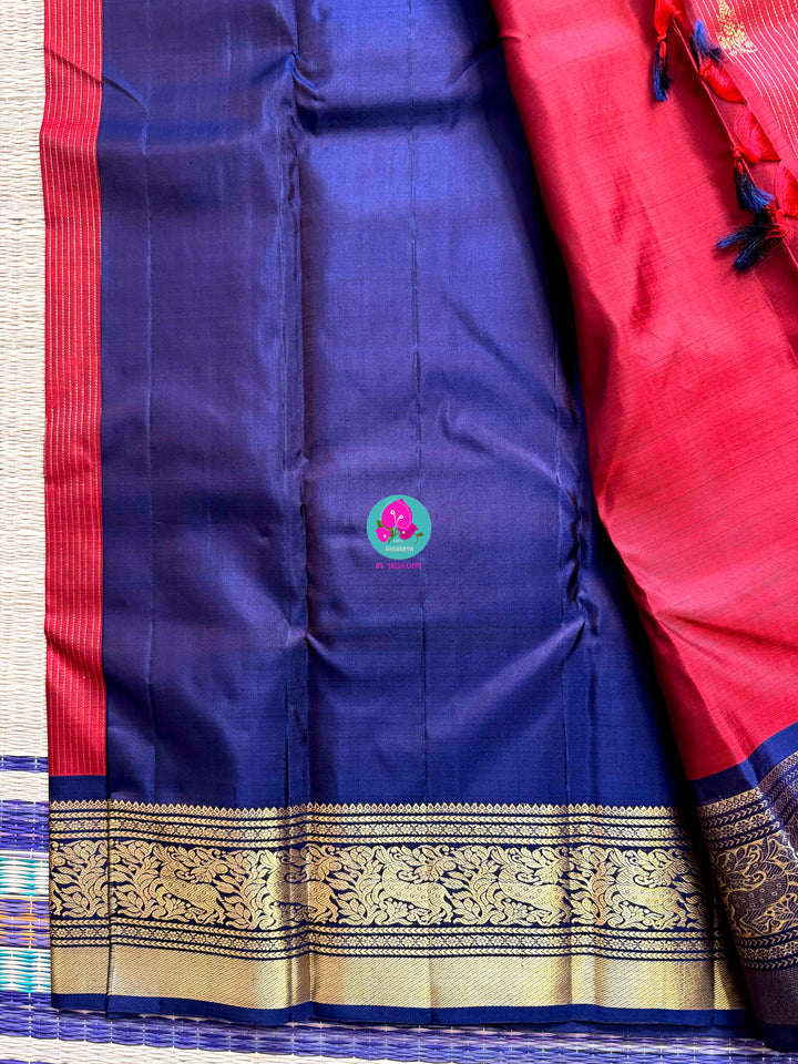 Nostalgia Woven in Silk: Vintage Red Kanjivaram with Navy Blue Contrast