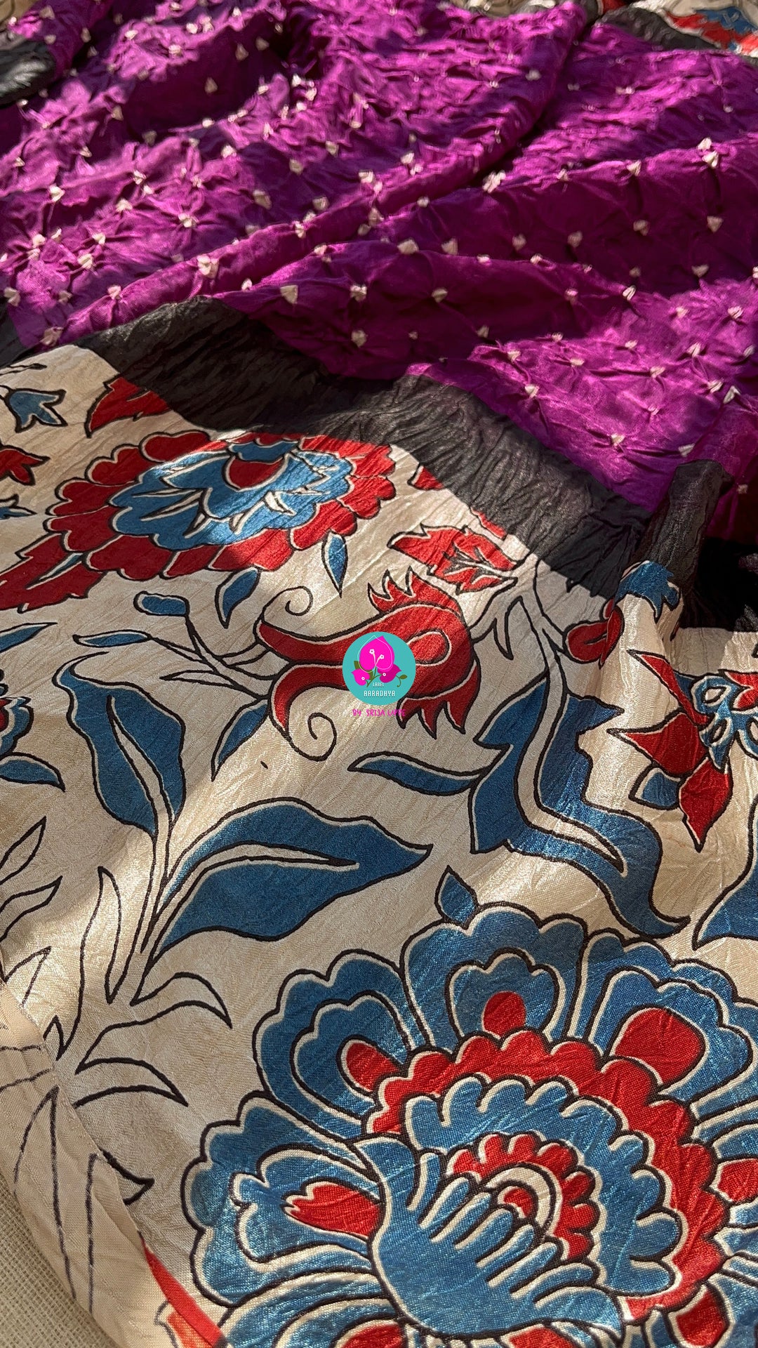 Hand made Bandhani design on pure modal silk fabric,and Kalamkari block print (using vegetable dyes)