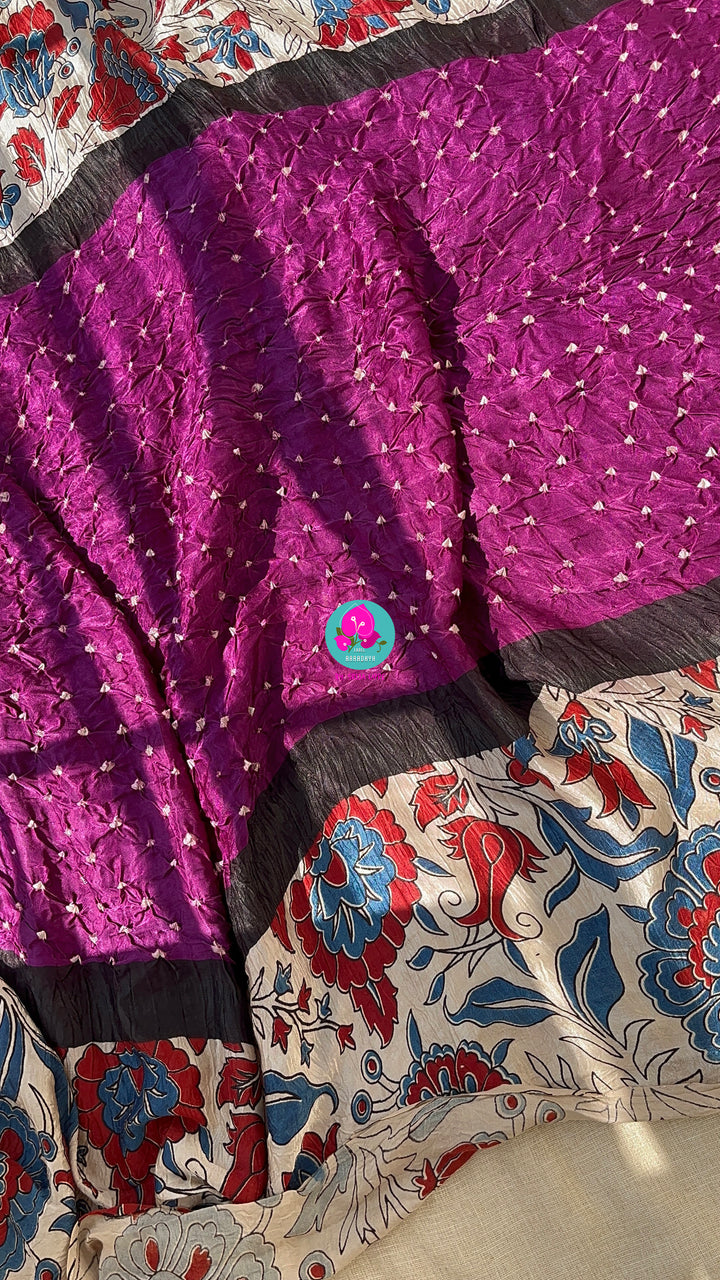 Hand made Bandhani design on pure modal silk fabric,and Kalamkari block print (using vegetable dyes)
