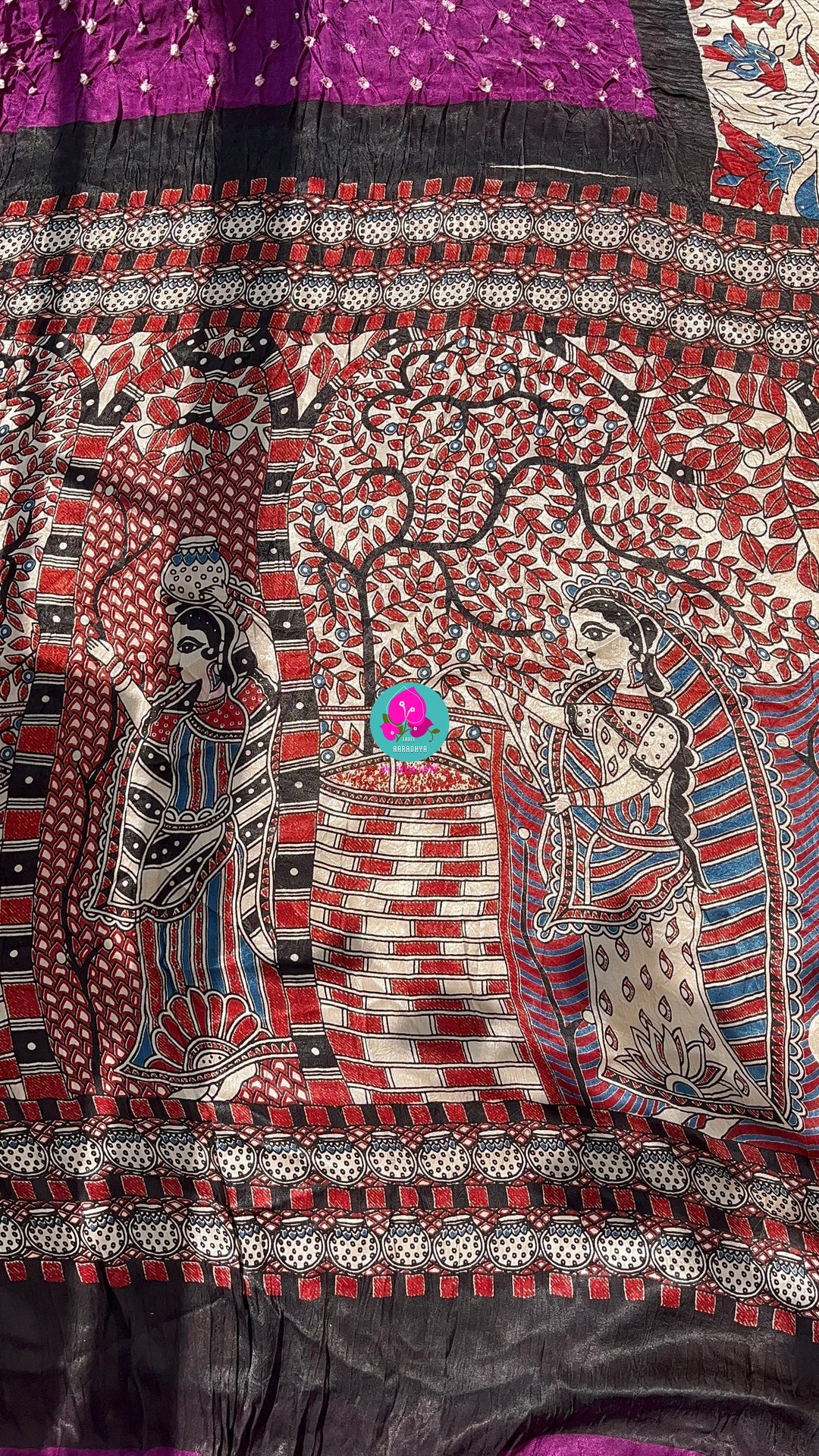 Hand made Bandhani design on pure modal silk fabric,and Kalamkari block print (using vegetable dyes)