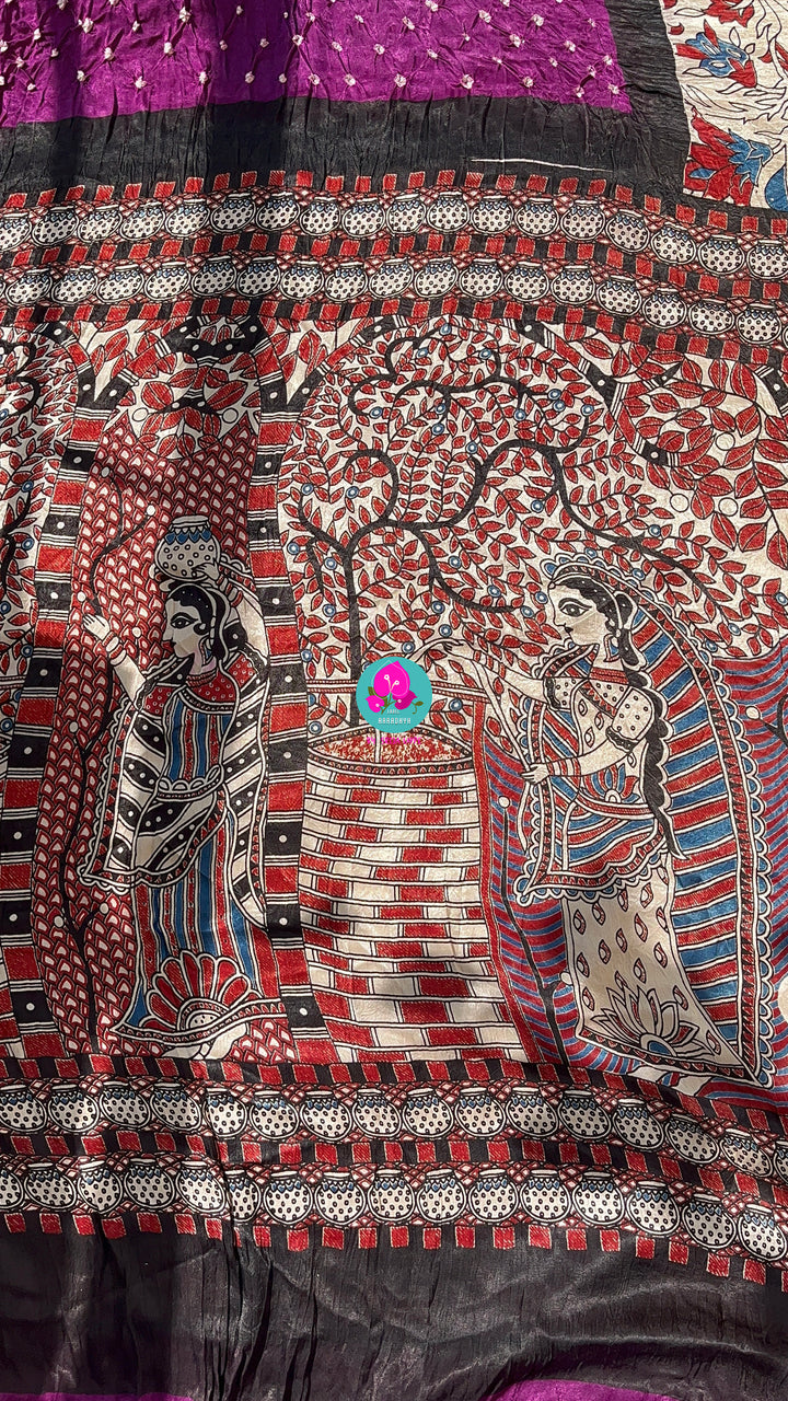 Hand made Bandhani design on pure modal silk fabric,and Kalamkari block print (using vegetable dyes)