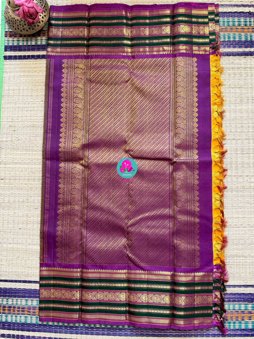The 3G Zari Grandeur: Vintage Yellow Saree with Forest Green & Purple Edge