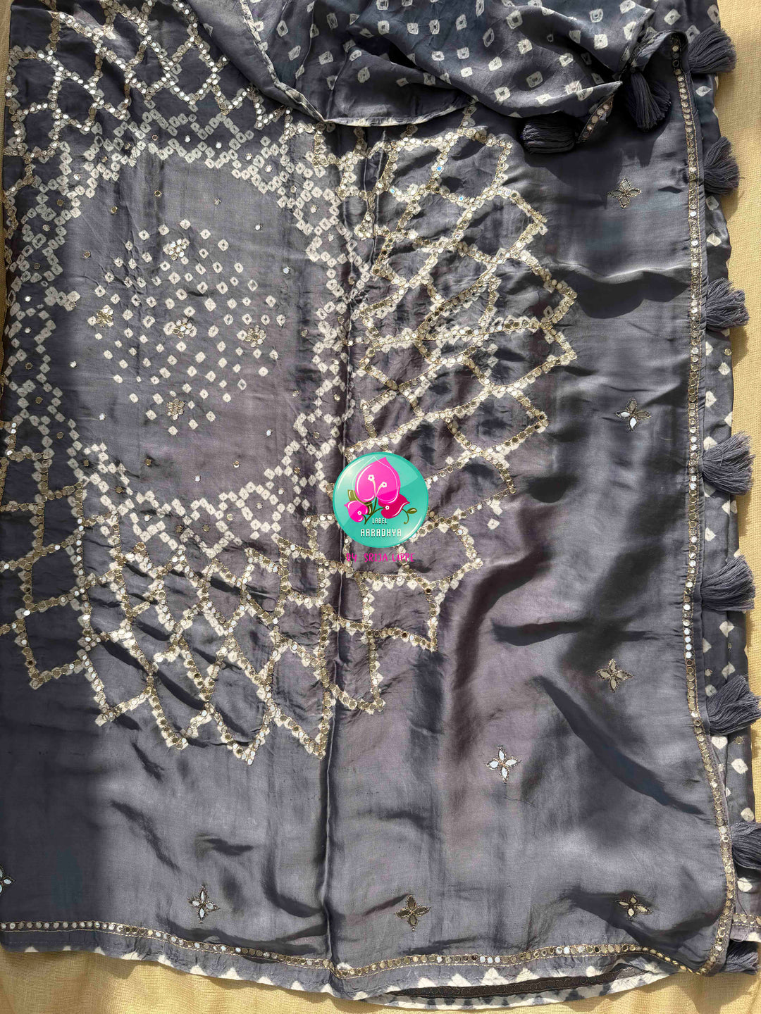 Modern Artisanal Glamour: Charcoal Grey Pure Modal Silk Bandhani Saree & Lime Green Mirror Blouse