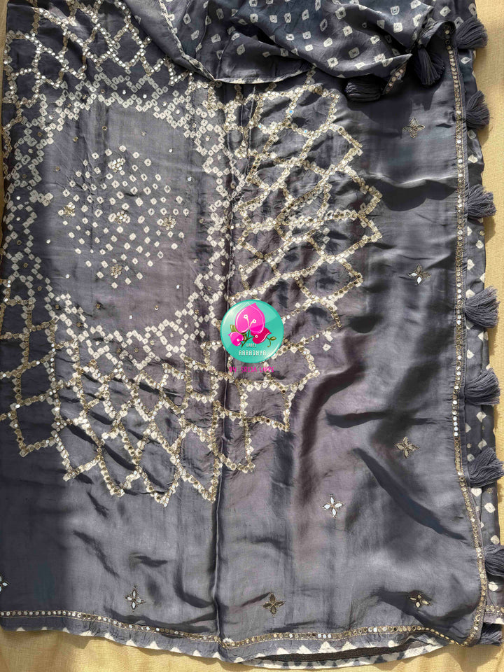 Modern Artisanal Glamour: Charcoal Grey Pure Modal Silk Bandhani Saree & Lime Green Mirror Blouse