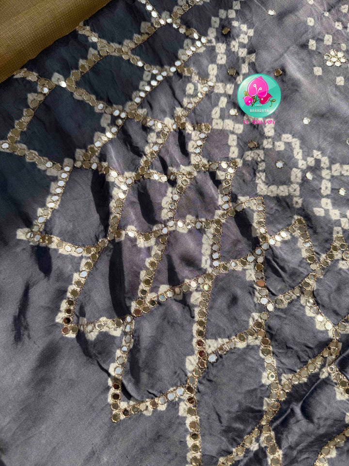 Modern Artisanal Glamour: Charcoal Grey Pure Modal Silk Bandhani Saree & Lime Green Mirror Blouse