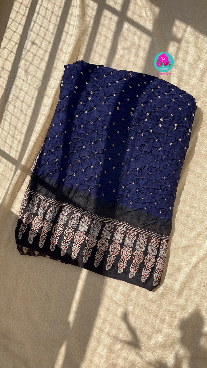 Hand made Bandhani design on pure modal silk fabric and ajrakh block print (using vegetable dyes)