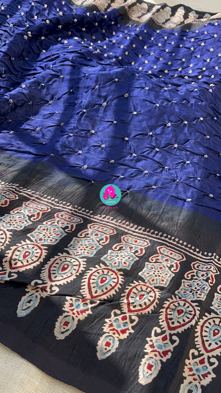 Hand made Bandhani design on pure modal silk fabric and ajrakh block print (using vegetable dyes)