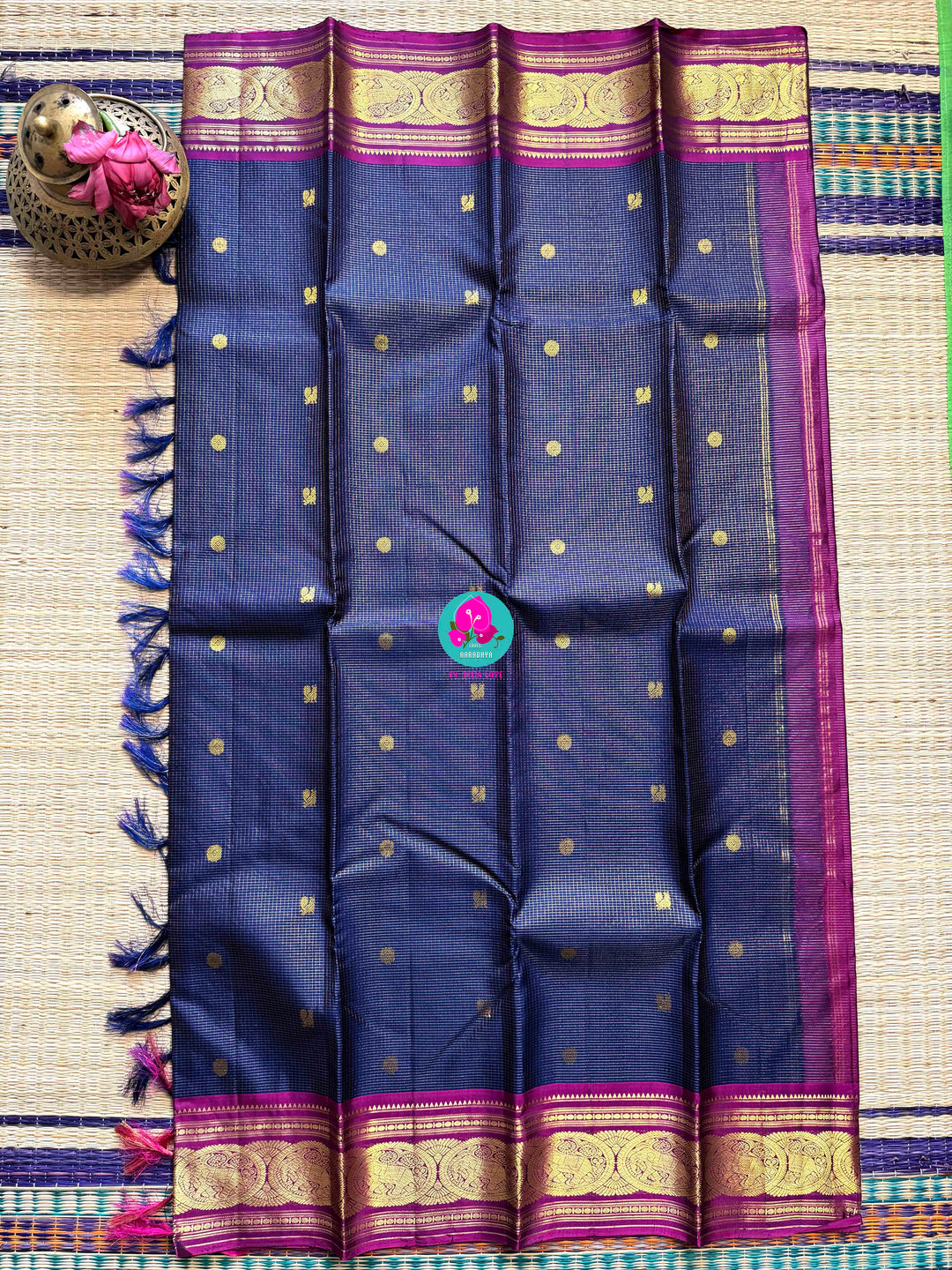 Midnight & Magnolia: Vaira Oosi Checks in Navy Blue with Rani Pink Contrast Kanchipattu silk Saree