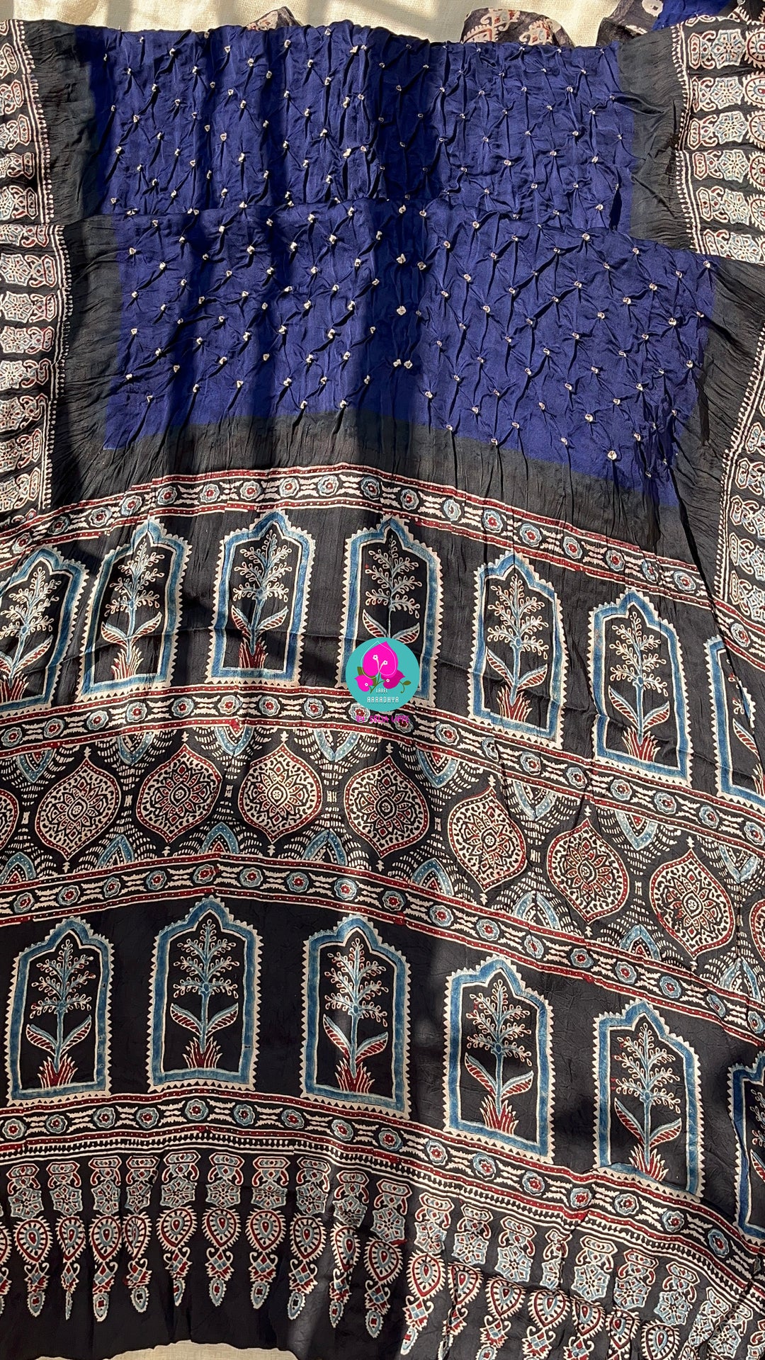 Hand made Bandhani design on pure modal silk fabric and ajrakh block print (using vegetable dyes)